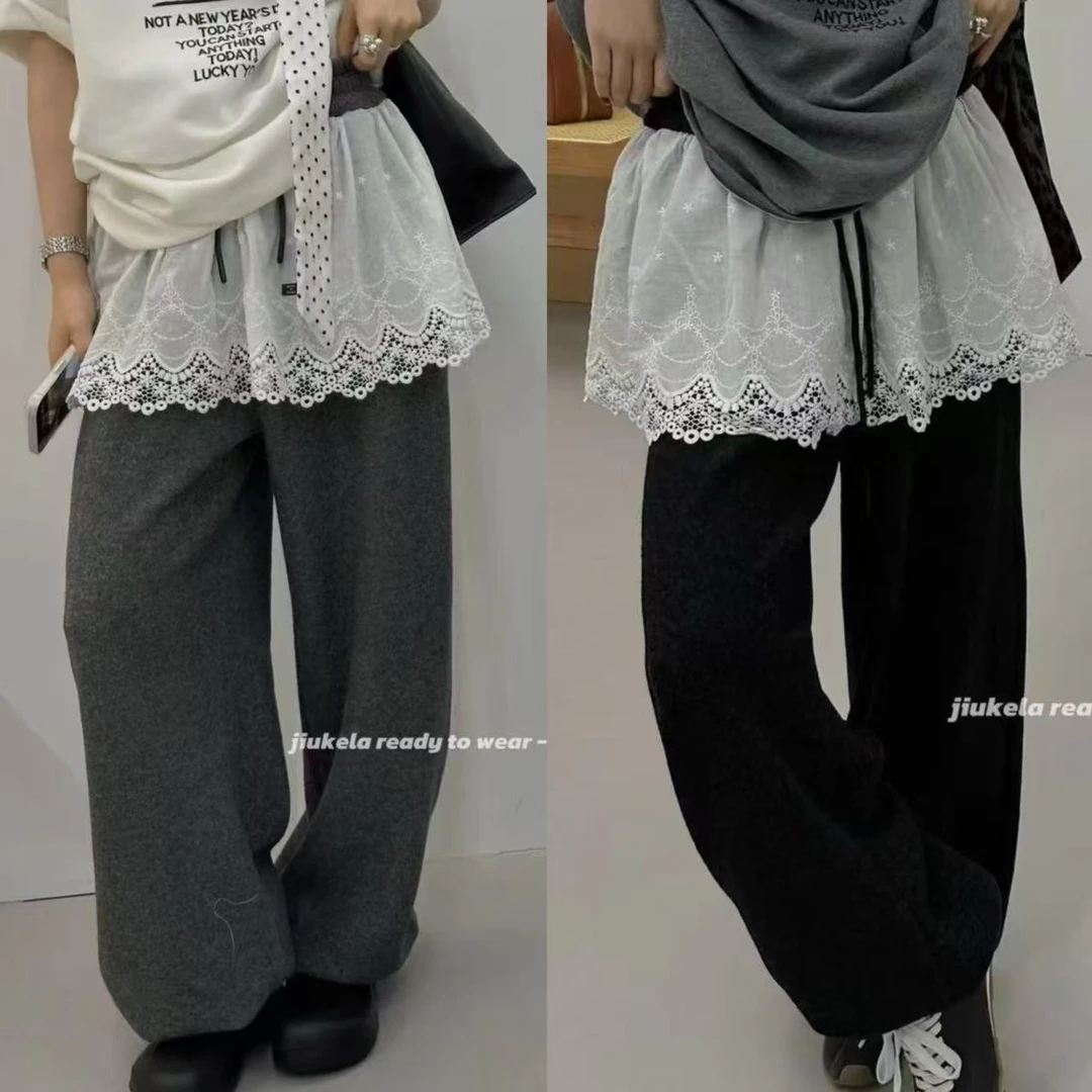 东大门精选蕾丝花边加绒休闲韩版宽松屁帘假两件直筒阔腿裤