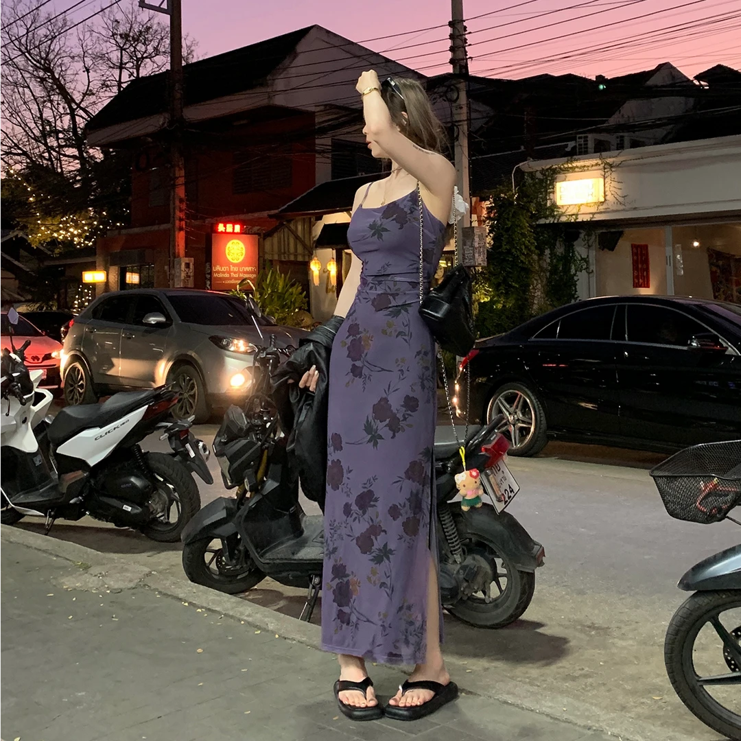 悸动之夜 法式裙子女春夏法式修身收腰显瘦长款网纱紫色连衣裙