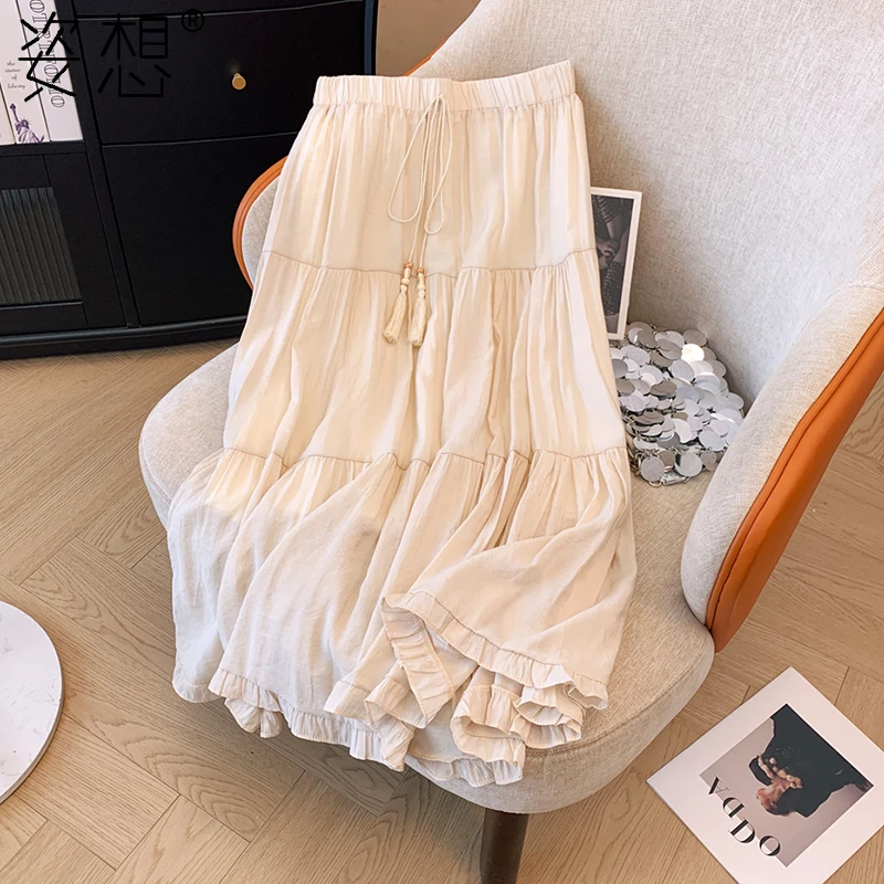 文艺复古高腰系带半身裙女春夏中长款蛋糕裙气质显瘦大摆a字长裙