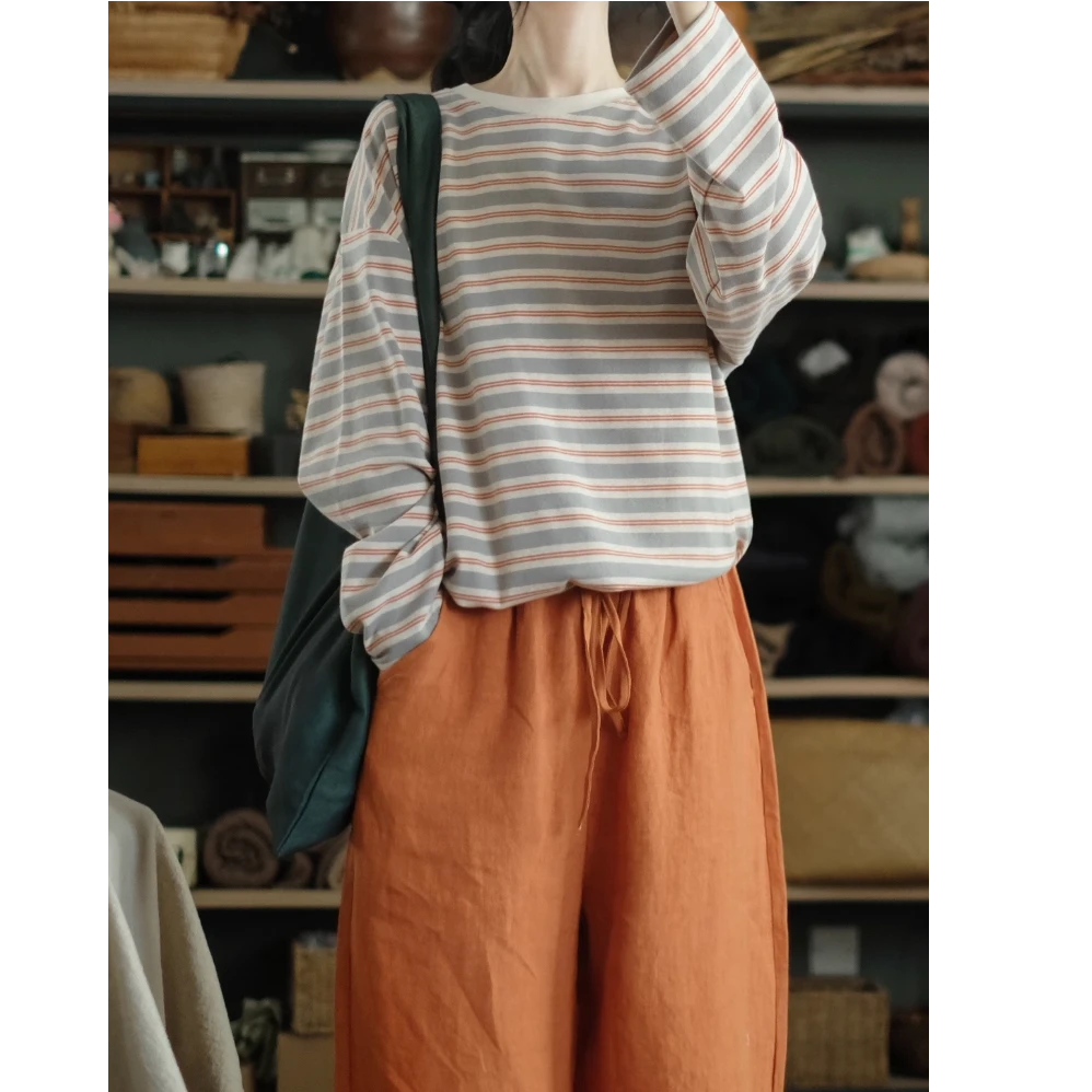 高品质显白圆领条纹棉t恤女春秋冬长袖新款文艺复古内搭上衣打底