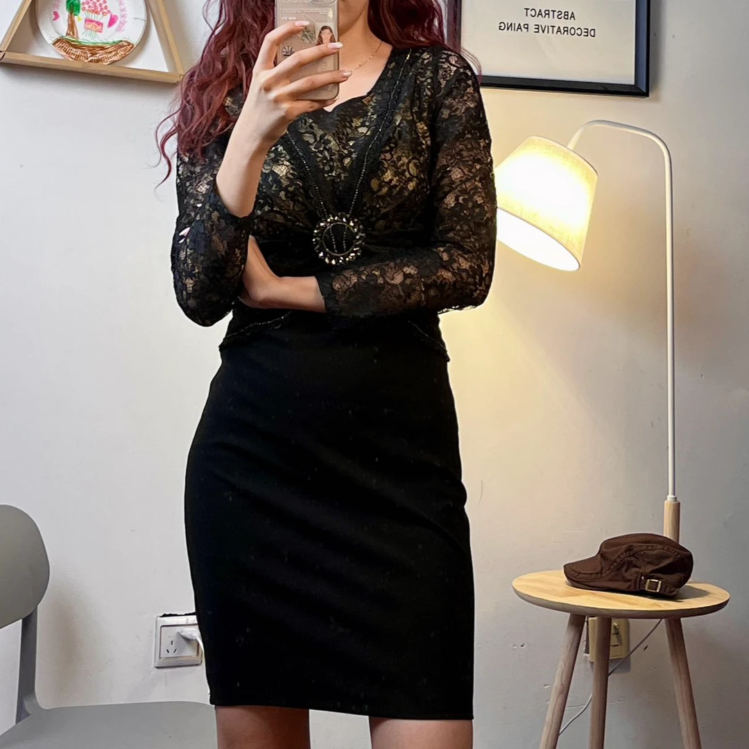 2025年最新款蕾丝连衣裙长袖显瘦性感黑色002