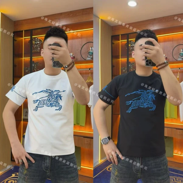 7759 秋冬蓝色战马半袖 男士轻奢时尚休闲夏季潮流印花圆领