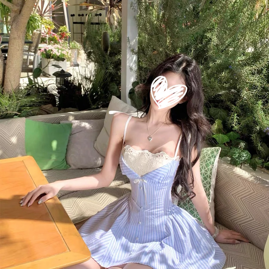 法式吊带连衣裙女2025春季新款条纹拼接a字衬衫裙裙子