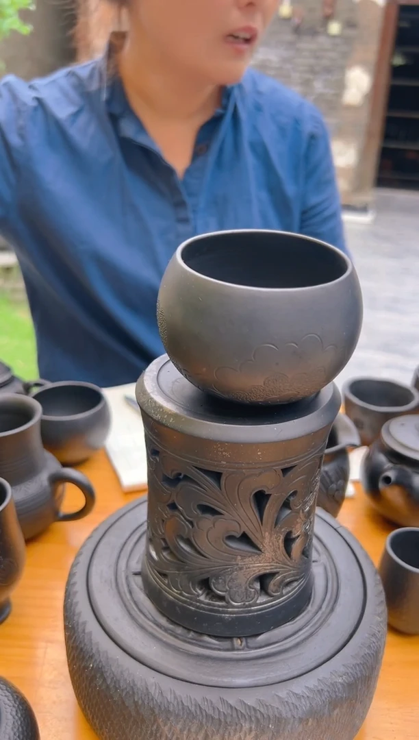 泥塑神农黑陶微瑕牡丹纹禅定杯