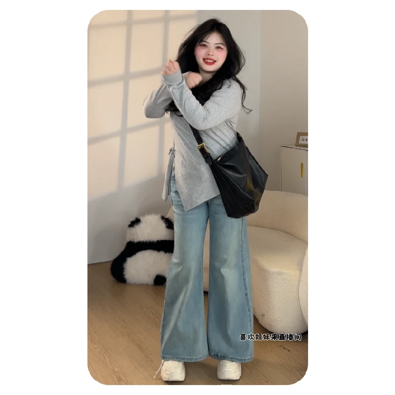 韩嘟集怀旧蓝苹果型不贴腿微喇裤大码牛仔裤女裤子胖mm显瘦款女装