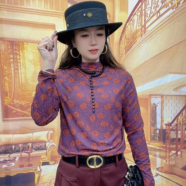 8878时尚提花磨毛打底衫秋冬新款半高领提花长袖百搭洋气