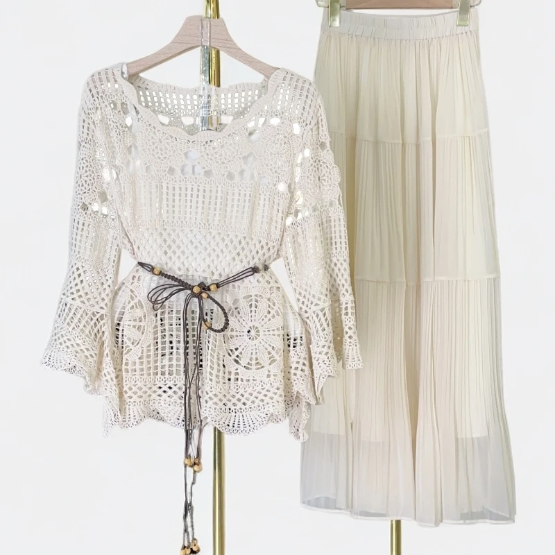 蕾丝小香风气质白色针织2025年新款时尚镂空百搭套装5680