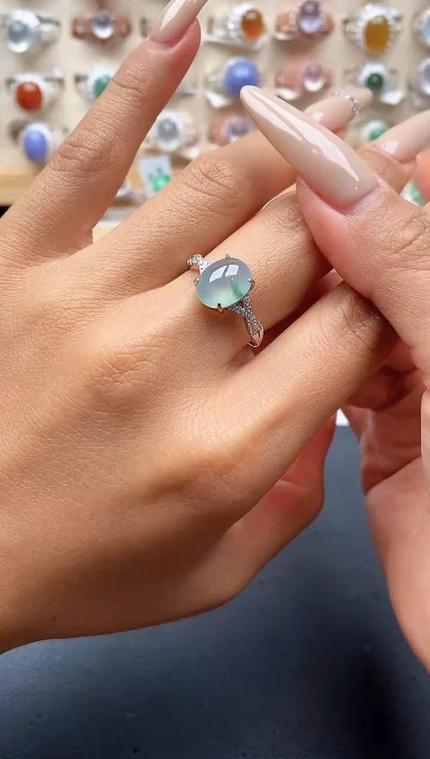 银S925镶嵌戒指翡翠缅甸天然A货翡翠1 5-5