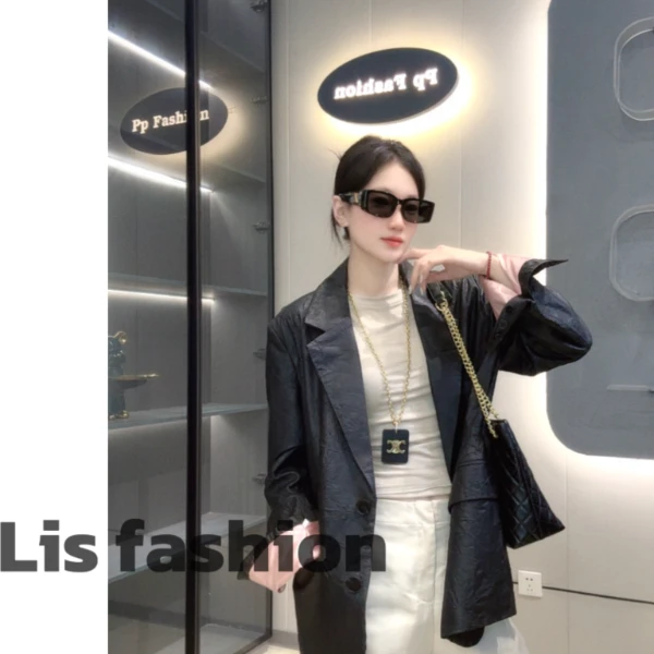 Liss-25新款185粉内衬手工抓皱西服设计时尚休闲羊皮女外套