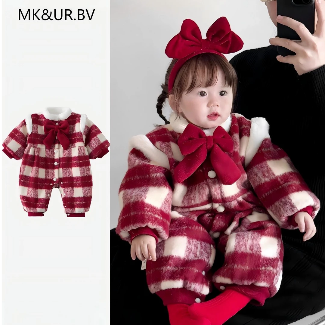 MK&UR.BV婴儿冬装洋气女宝宝连体衣冬季保暖棉服女宝满月拜年爬服