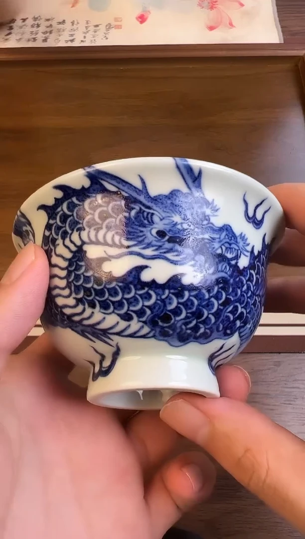 问青坊纯手工手绘青花龙纹柴窑压手杯
