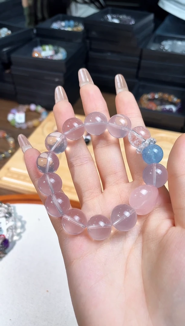 合金手串水晶粉水爱心海蓝宝白水白幽灵粉水手串