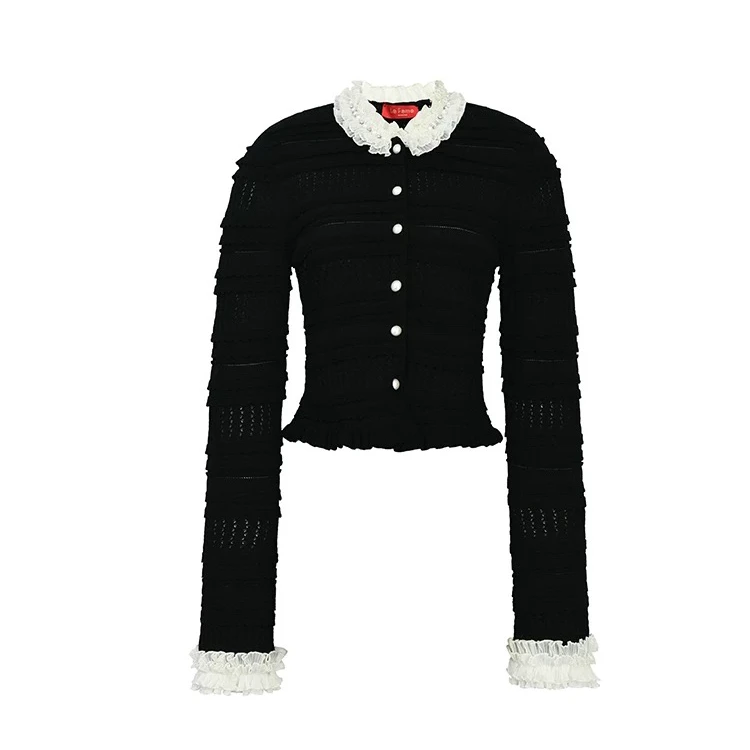 lefame拉飞姆秋季浪漫层叠荷叶黑色针织开衫上衣FF24Q11ZM295