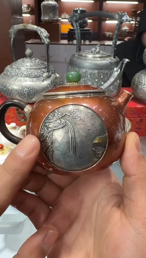 足银精工手工旭日东升铜包银泡茶壶