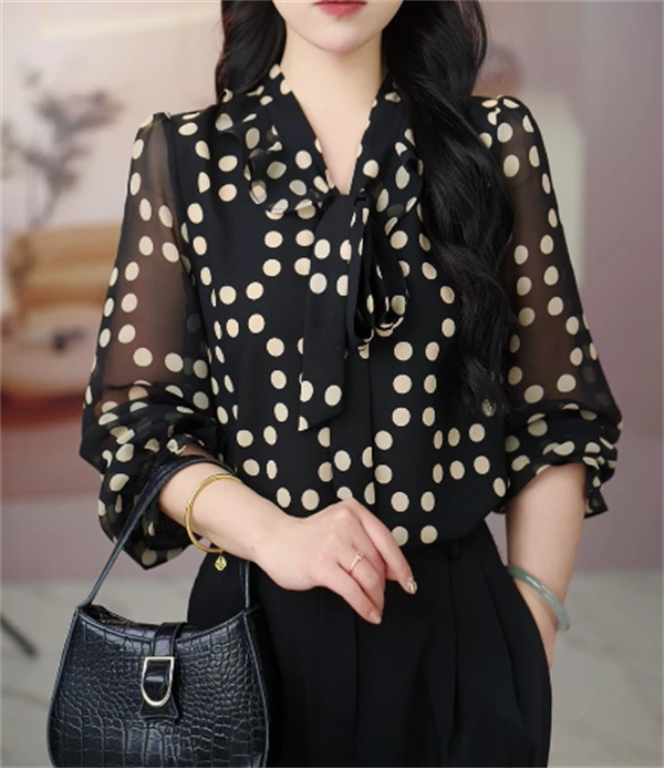 2025新款风度翩翩早春新款飘带领衬衫大圆点百搭气质风女JA109