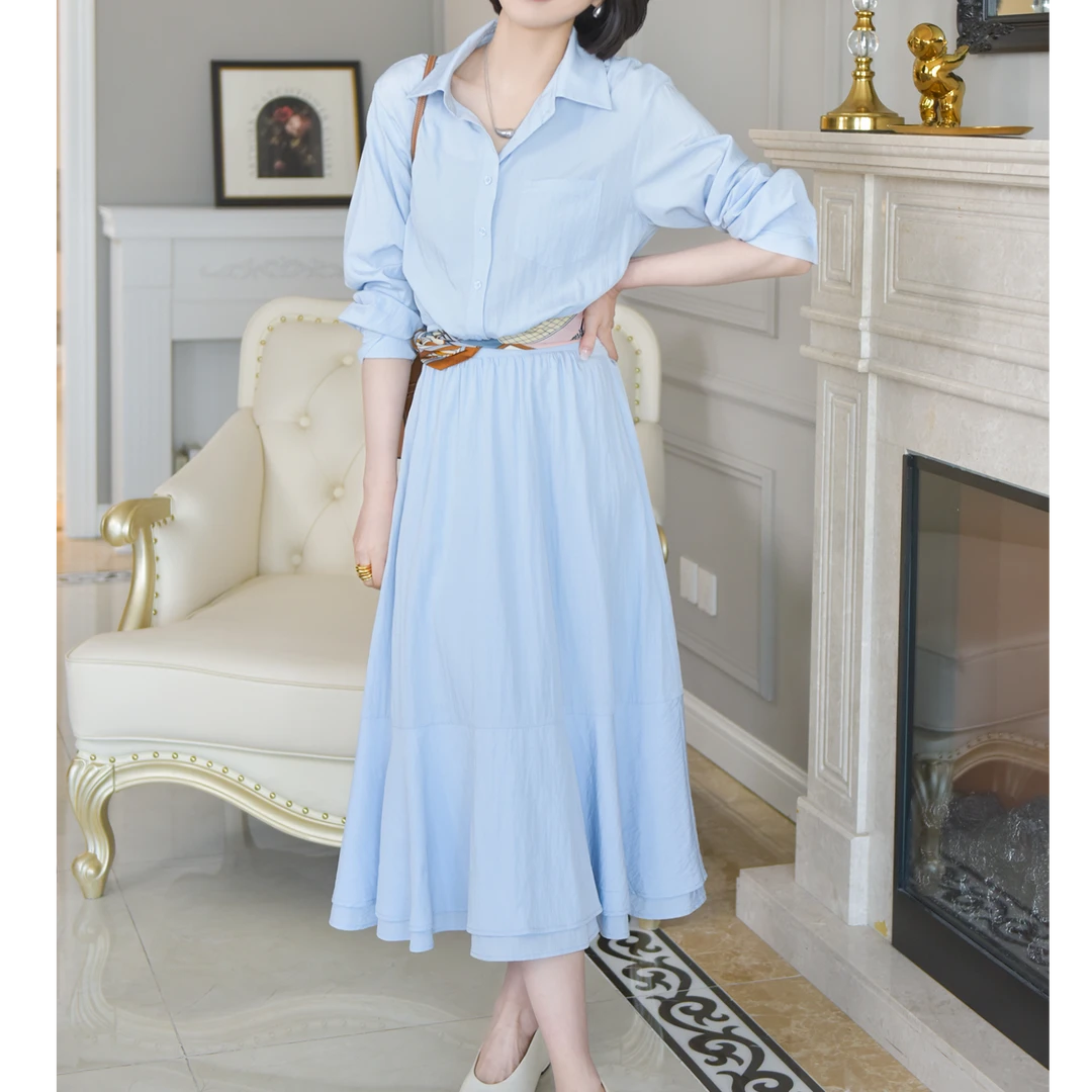 短视频VEE【游园会】新款白色长袖衬衫连衣裙通勤优雅中长款