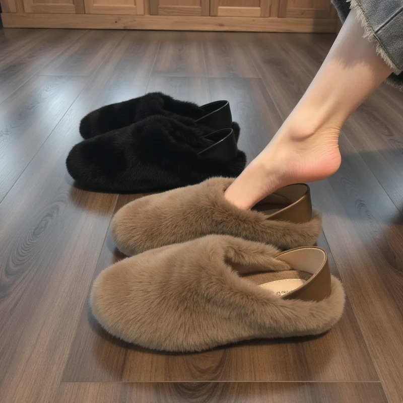 【兔毛绒】毛毛鞋女外穿2025年新款秋冬懒人复古加绒保暖孕妇棉鞋