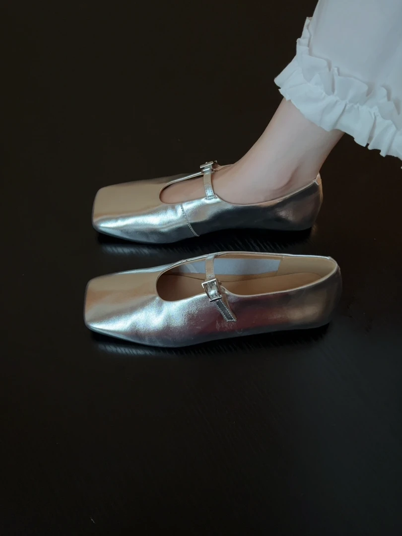 Pokoy-1cm法式复古低跟单鞋女一字扣玛丽珍鞋浅口平底V口