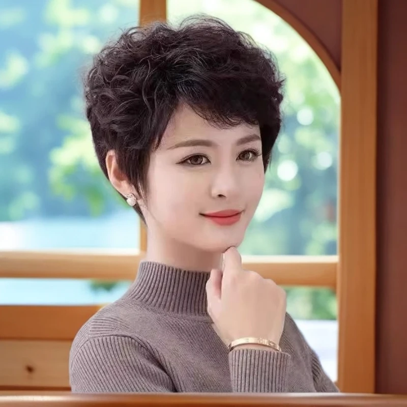 双递针全手织全真发丝短卷发女用全头假发套2