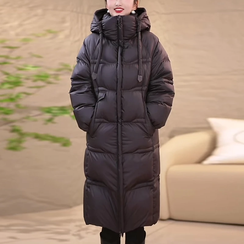 云感泡芙长款羽绒服女2025冬季新款时尚洋气紫色连帽加厚保暖外套