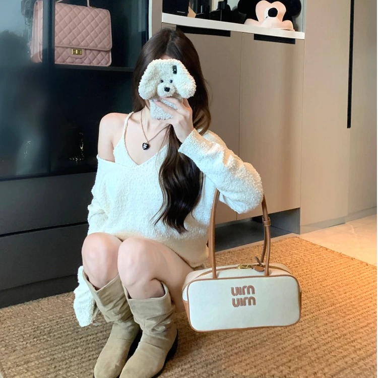 早秋时新款吊带V领慵懒感宽松韩系针织衫上衣休闲短裤洋气衣服女