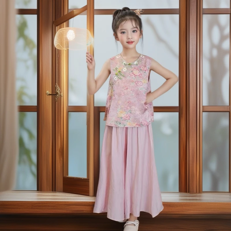 女童夏季国风新中式套装2025新款女孩夏装无袖背心古风汉服两件套