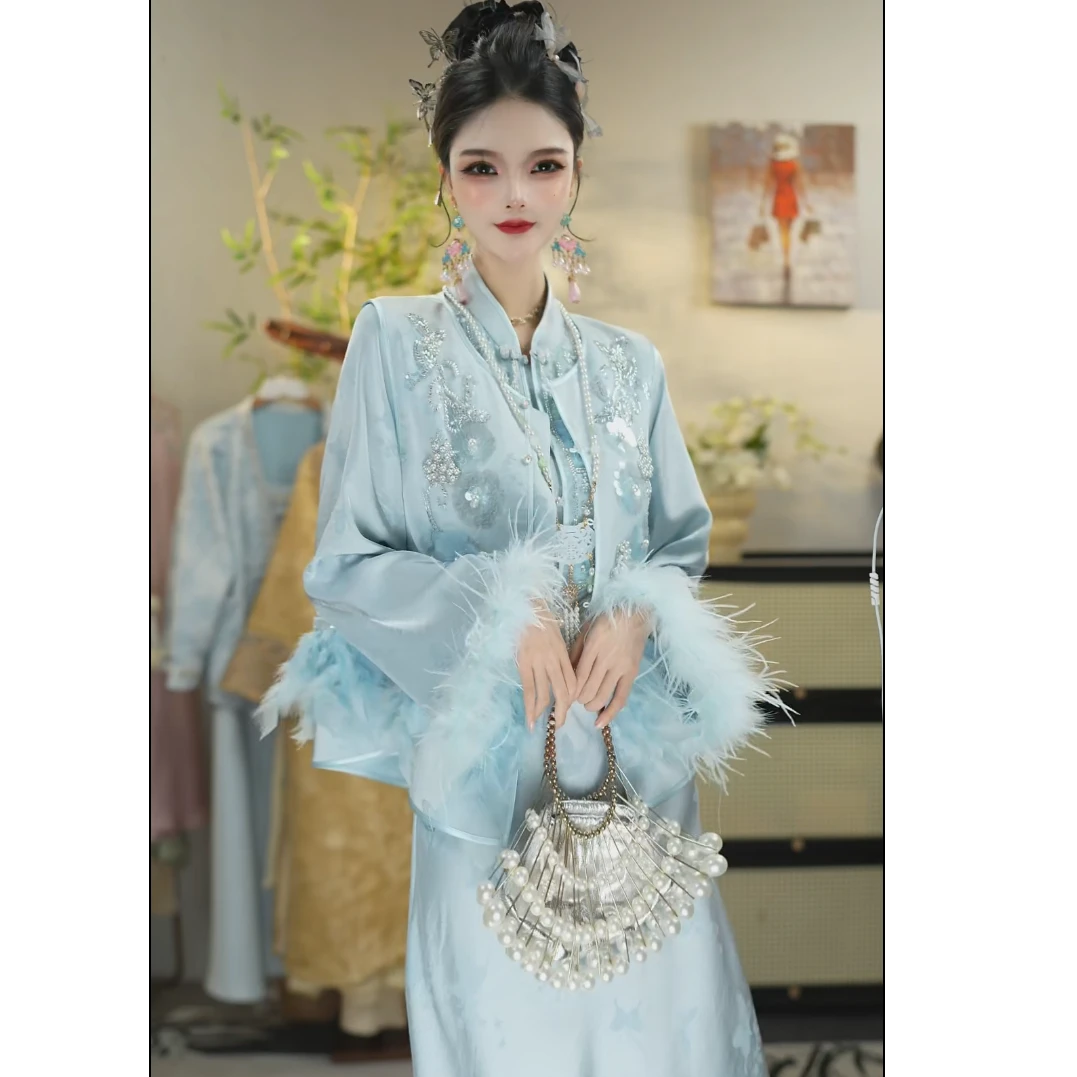 花享悦2025秋季新款中国风古风飘逸日常冰蓝套装WW（6938+6948）