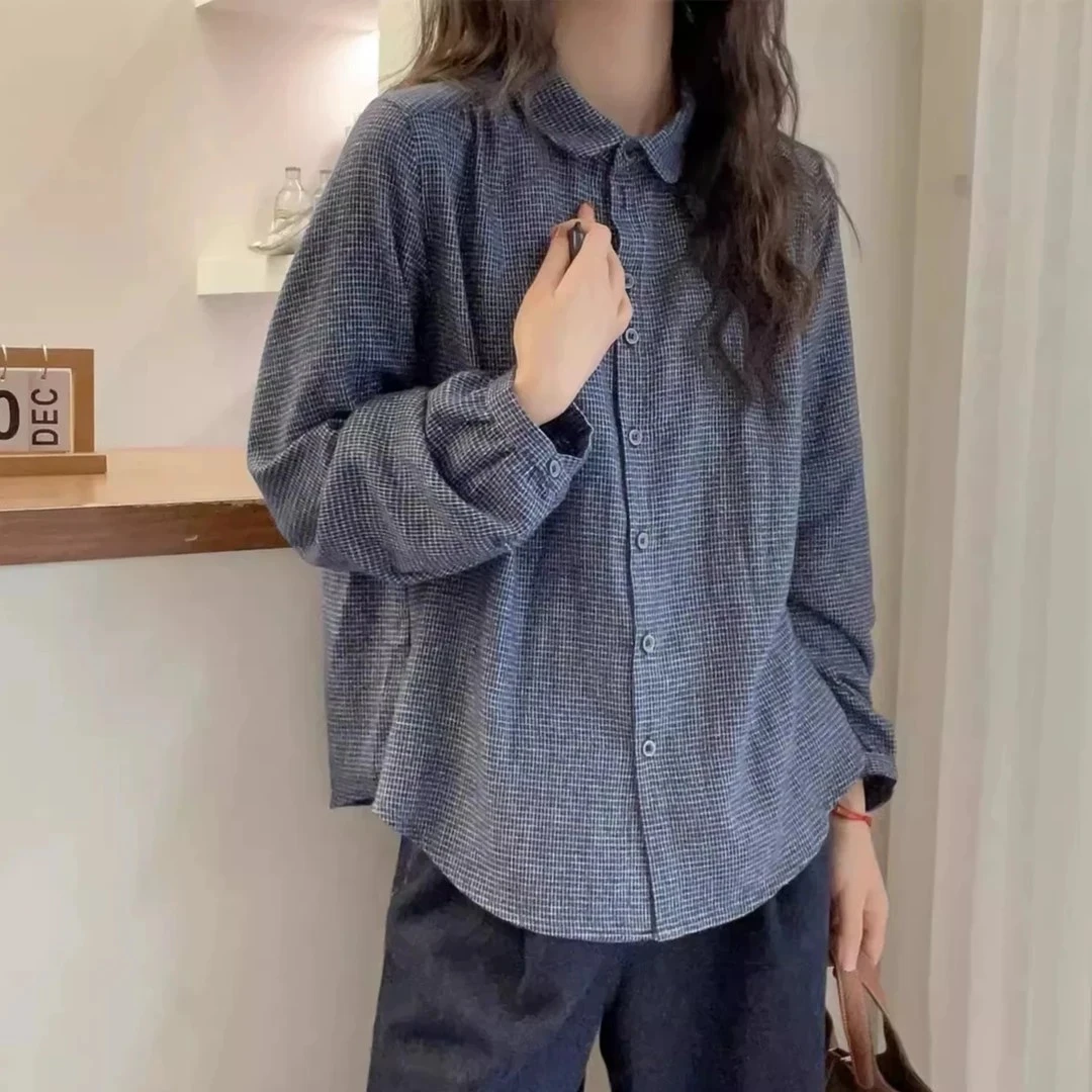 复古小格子高级感磨毛衬衫女春款百搭小众宽松气质衬衣高级感品质