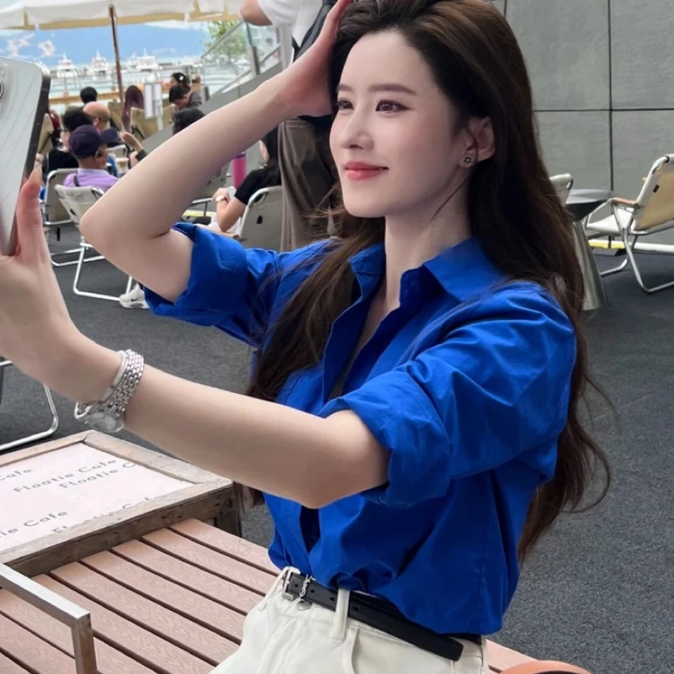 克莱因蓝色衬衫女春秋季2025新款休闲宽松叠穿气质长袖衬衣外套