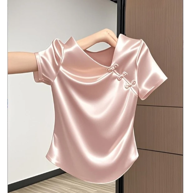 V领复古女t恤2025夏季新款古风短袖体恤新中式中国风斜襟盘扣上衣