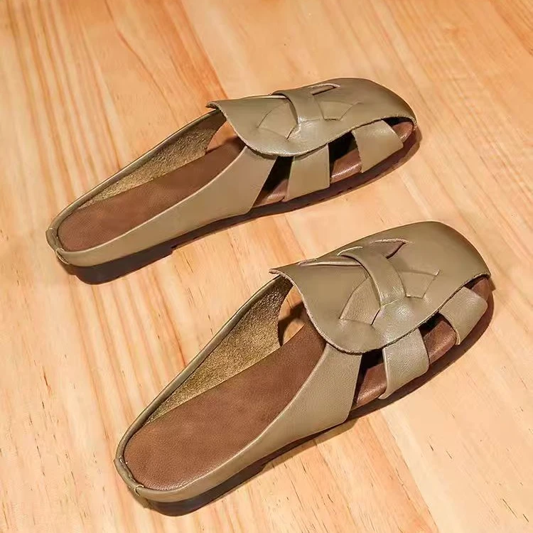 真皮复古包头拖鞋女外穿夏季平底半拖2025新款软底舒适休闲凉拖鞋