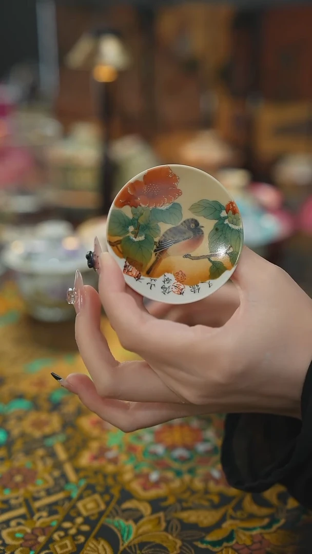 景德镇手工手绘雅圣粉彩宋画古卷花鸟盖置