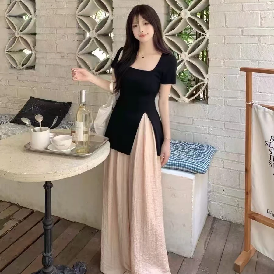 XC0782韩版开衩修身显瘦上衣+裤裙胖mm2025春夏新款显瘦大码女装