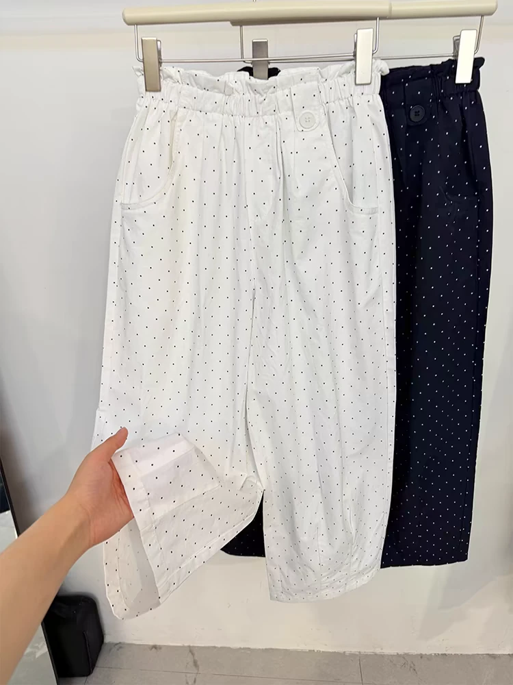 811松紧腰小波点直筒休闲九分裤