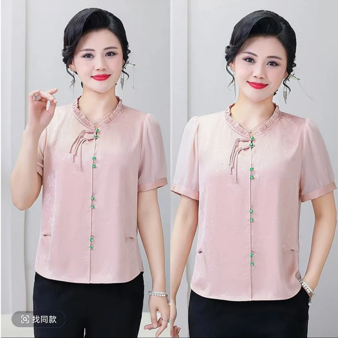 363-夏季上衣中老年女装时尚常规款褶皱女士大码妈妈装休闲风