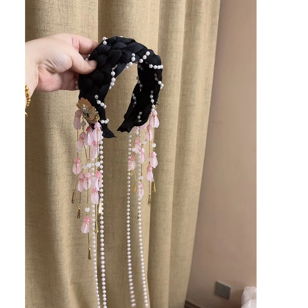 津玲原创【粉黛2】轻奢手工长流苏国风粉色琉璃珠珍珠宽边少女发箍