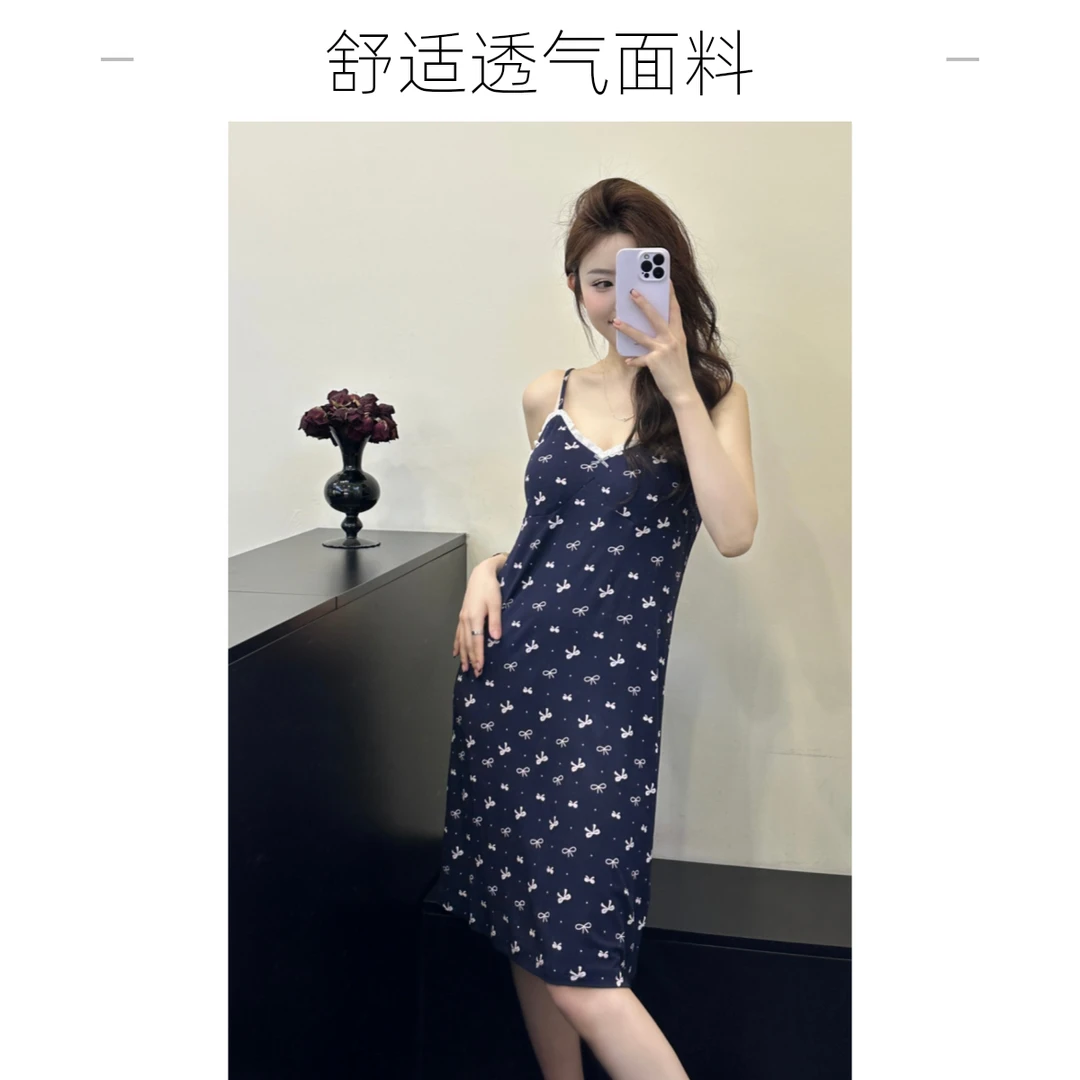法式蝴蝶结吊带裙碎花显瘦时尚夏季印花吊带裙睡衣长袖长裤