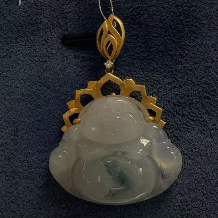 爱丽宫18k金镶精致佛公翡翠吊坠镶嵌精美挂坠