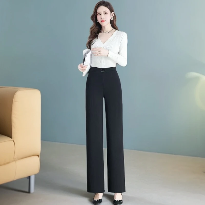 2025春秋时尚洋气百搭中高腰弹力黑色宽松垂感显瘦直筒裤女裤