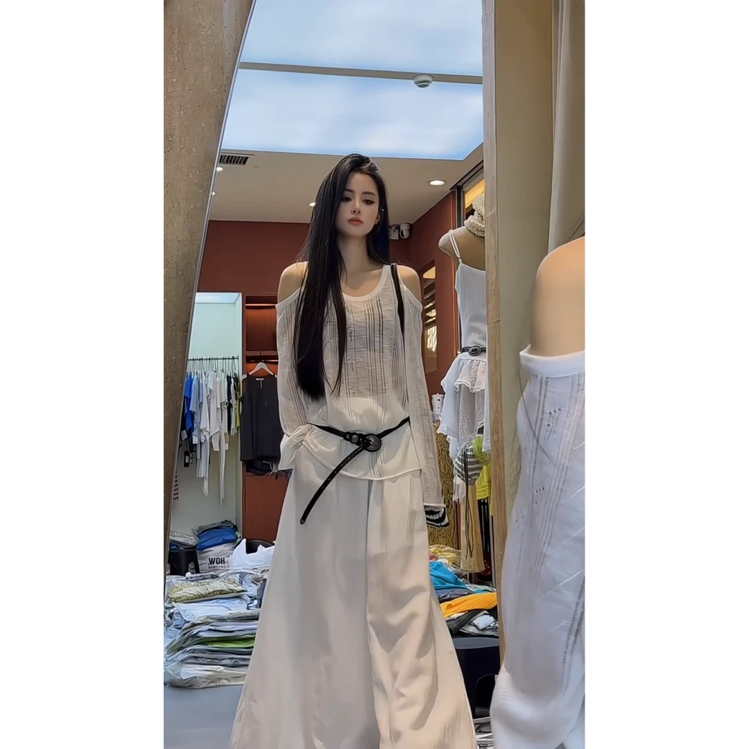 MARIE.COCO夏季韩系慵懒风镂空露肩宽松显瘦上衣女白色阔腿裤套装