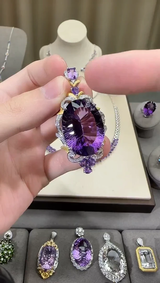 颈饰银S925镶嵌紫晶18*25mm鸽子蛋高级款吊坠