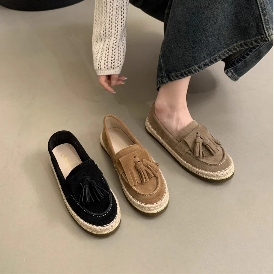 渔夫鞋2025新款春秋流苏圆头单鞋平底一脚蹬乐福鞋子小香风百搭