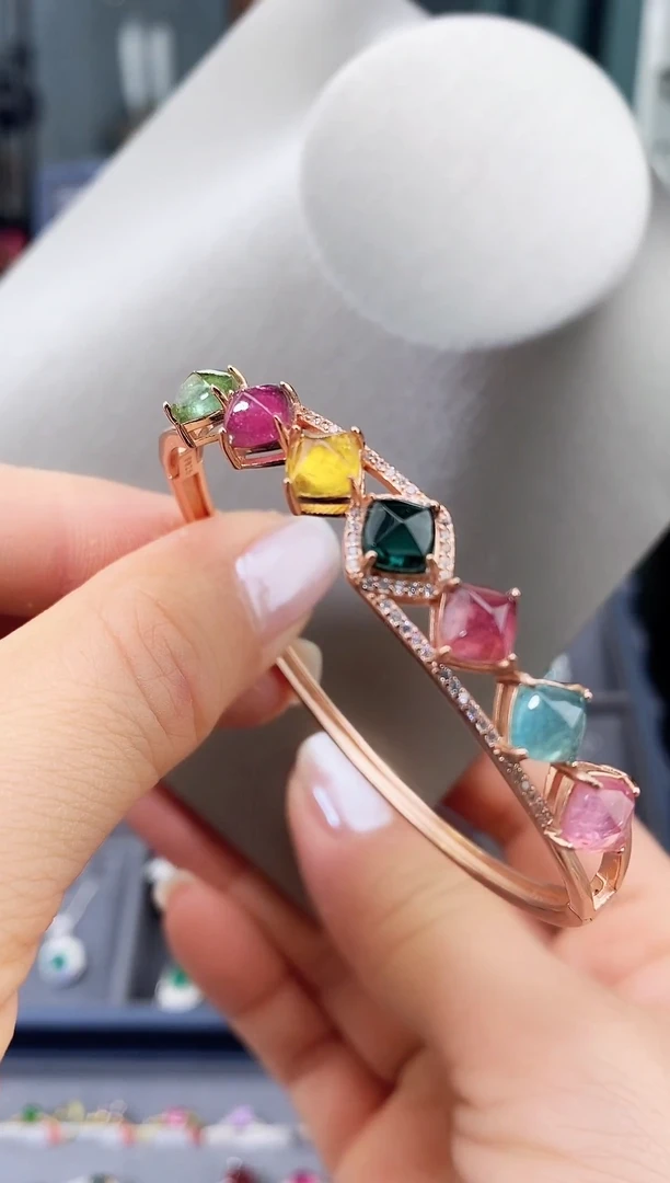 碧玺手镯银S925镶嵌手镯