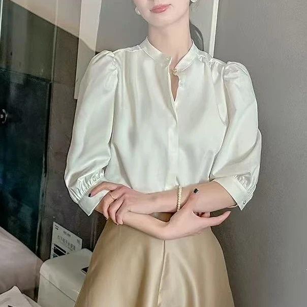 1218#【衣长58】夏季法式立领纯色薄款五分袖衬衫小件