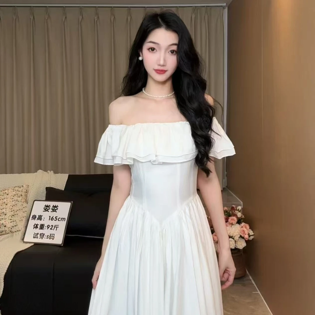 【日屿夜】白色连衣裙夏季法式收腰显瘦气质中长款短袖裙子高腰