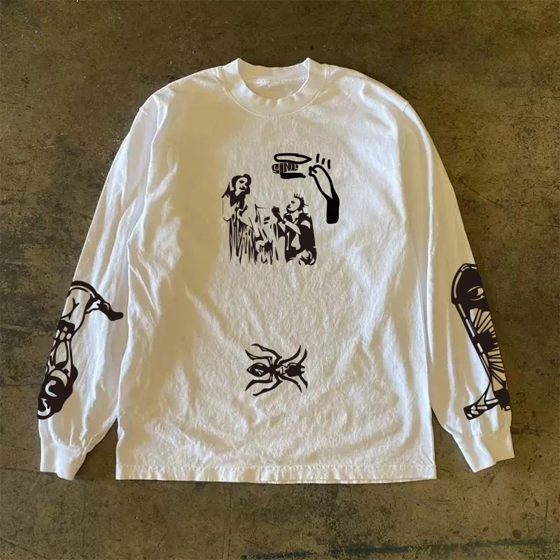 美式趣味潮牌高街重磅260g纯棉设计印花长袖T恤男款秋季上衣打底