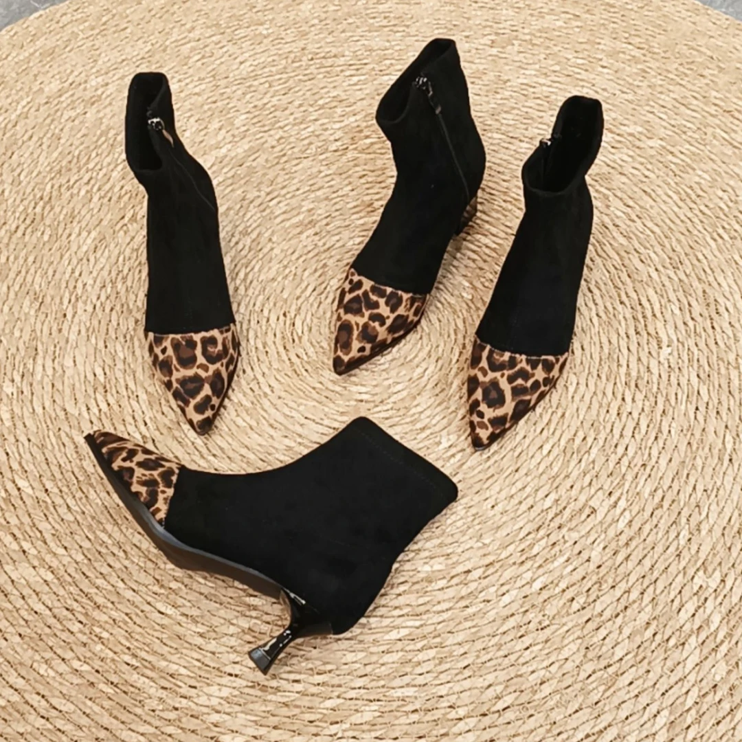 豹纹短靴女2025年春季时尚百搭尖头瘦瘦靴绒面马丁靴高跟短筒女靴