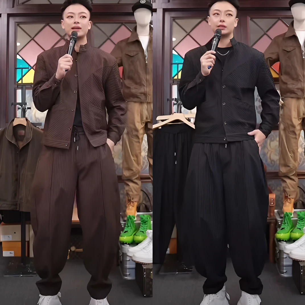 春夏新款男时尚纯色立领条纹休闲套装新中式衬衫直筒休闲裤两件套