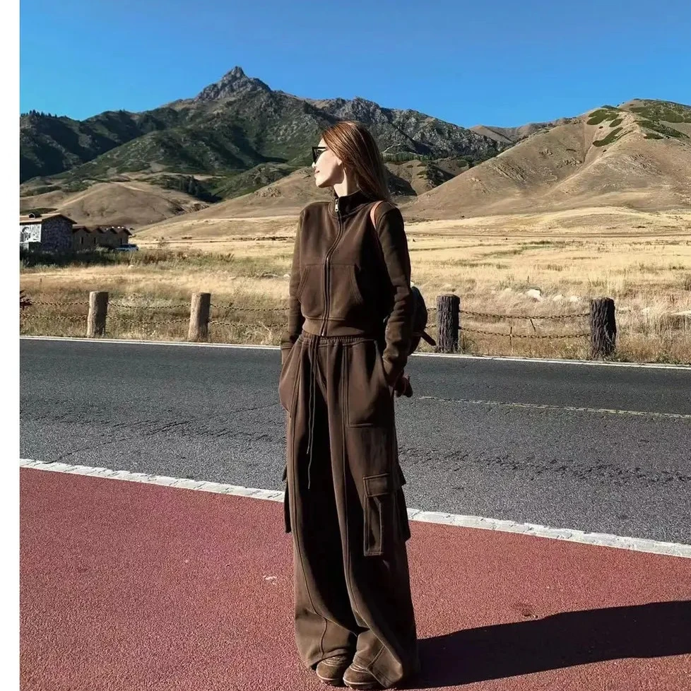 美式复古运动服套装女秋季宽松显瘦时尚炸街卫衣阔腿裤休闲两件套