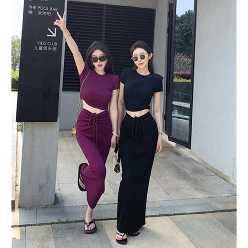 纯欲辣妹黑色两件套女装春季圆领短袖打底T恤上衣高腰包臀半身裙